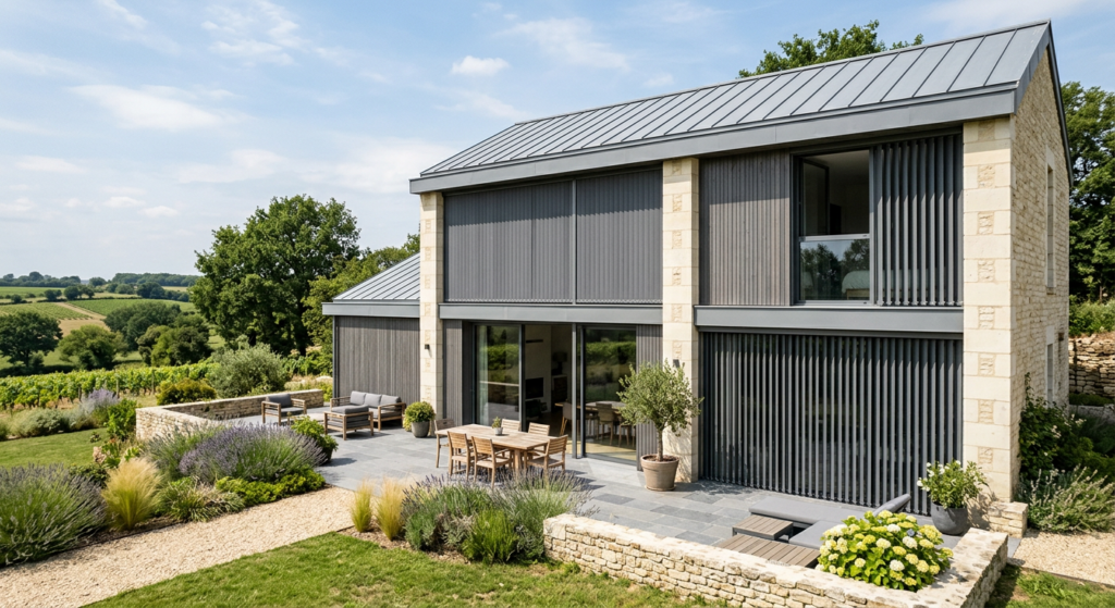 Store extérieur à côté d'une maison moderne