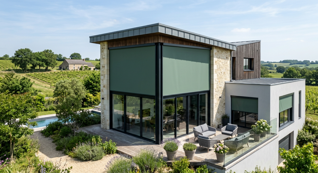 Store extérieur à côté d'une maison moderne