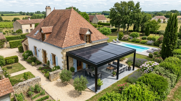 pergola solaire à côté d'une maison