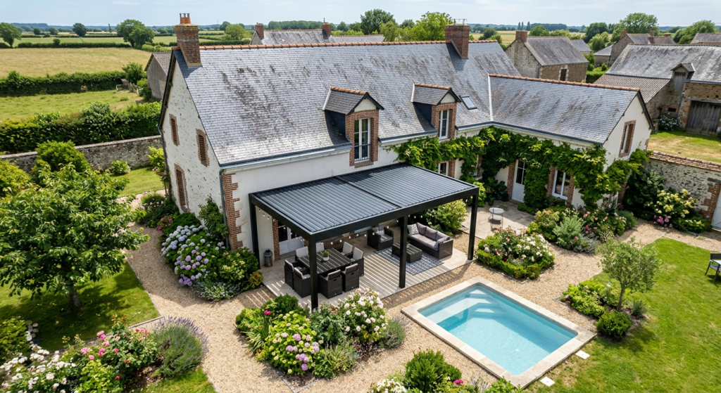 pergola bioclimatique à côté d'une maison