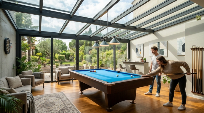 Un billard dans une véranda aménagé en salle de jeux