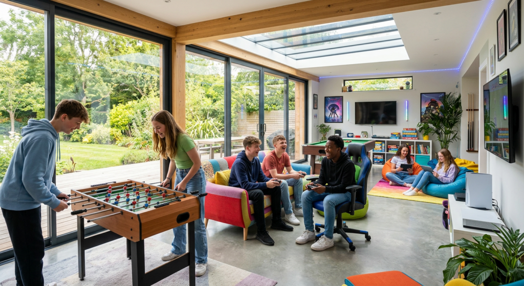 Adolescents jouant dans une véranda aménagé en salle de jeux