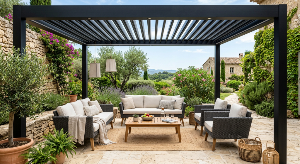 espace de vie sous une pergola bioclimatique