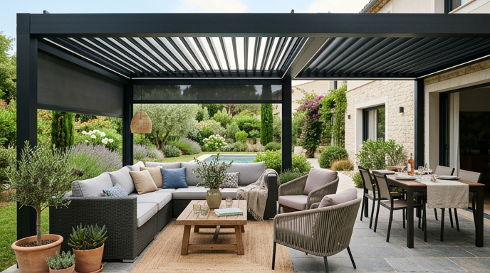 Espace de vie sous une pergola bioclimatique