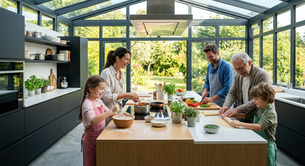 Une cuisine aménagé dans une véranda