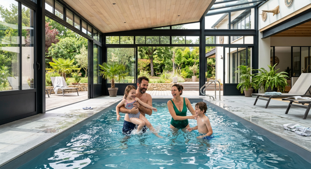 famille qui profite dans une piscine aménagée