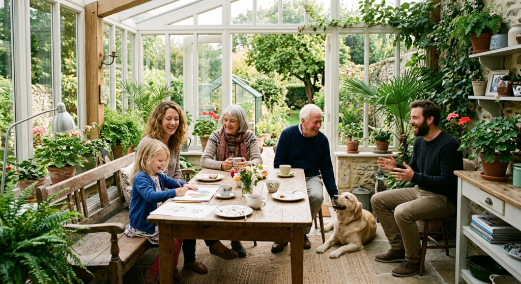 Famille qui profite d'une véranda jardin d'hiver