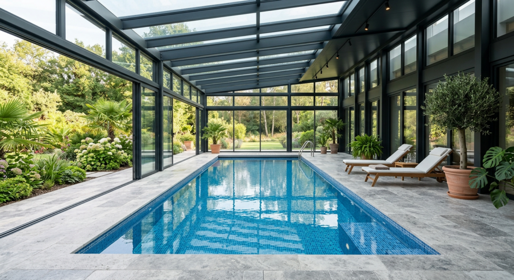 Piscine dans une véranda aménagée
