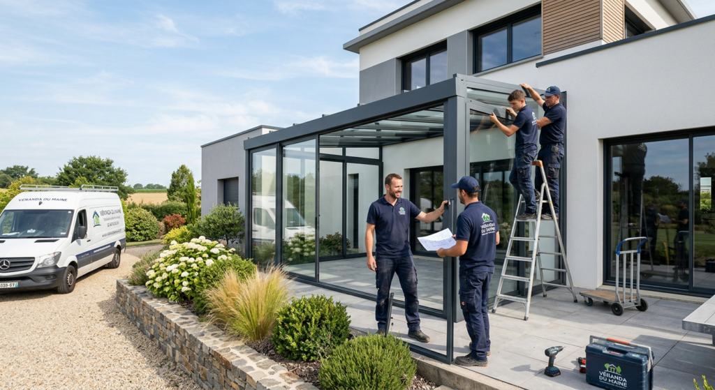 Equipe de pose de véranda qui travaille devant une maison