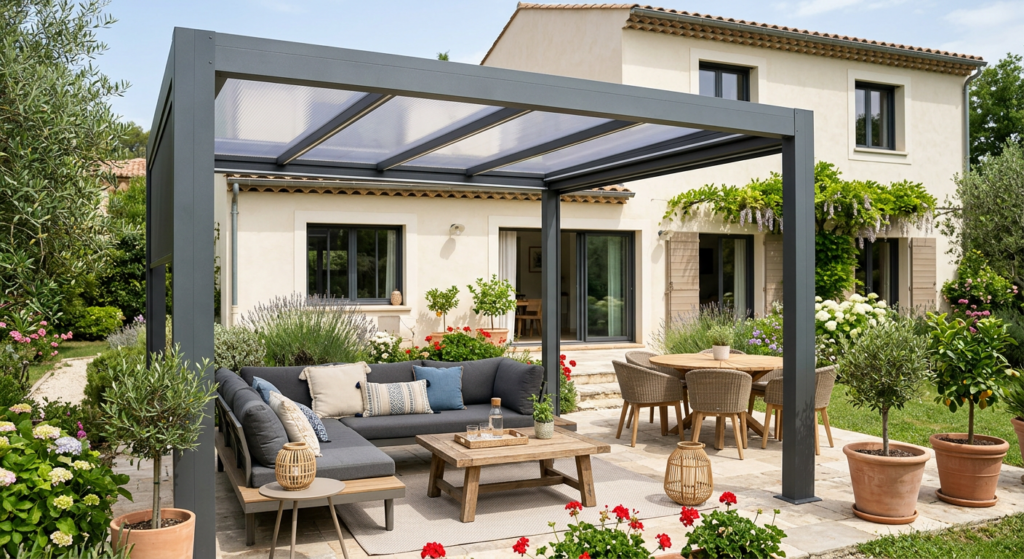Pergola à toit plat devant une maison