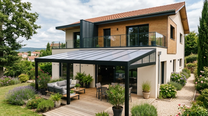 pergola à toit fixe devant une maison