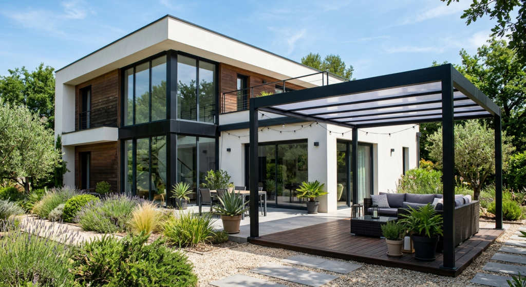 Pergola à toit plat devant une maison