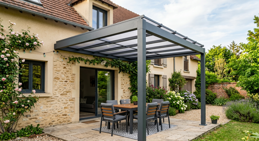 Pergola à toit ouvrant adossé à une maison