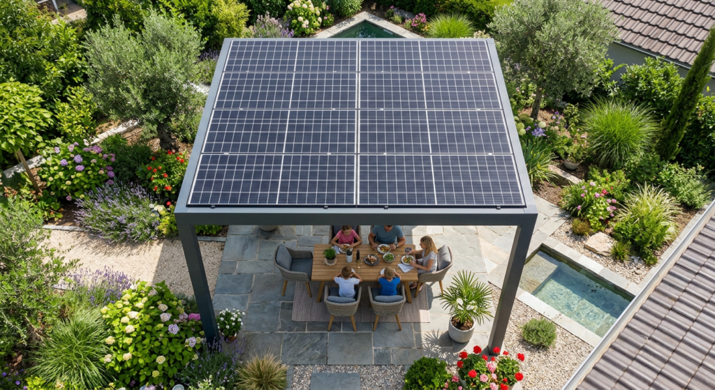 Pergola solaire dans un jardin