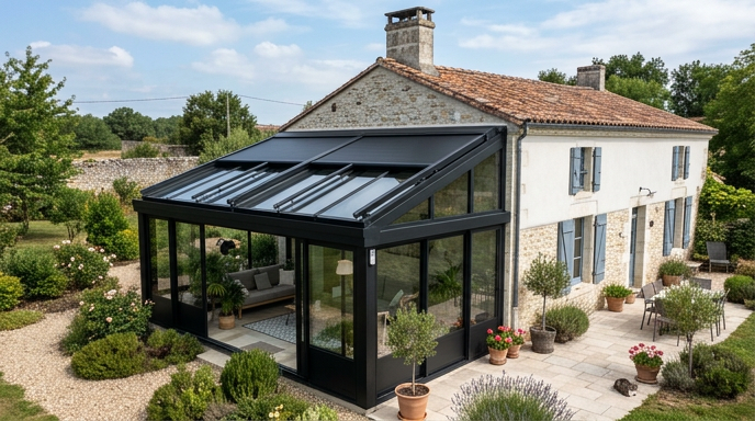 volets roulants d'une véranda à côté d'une maison classique