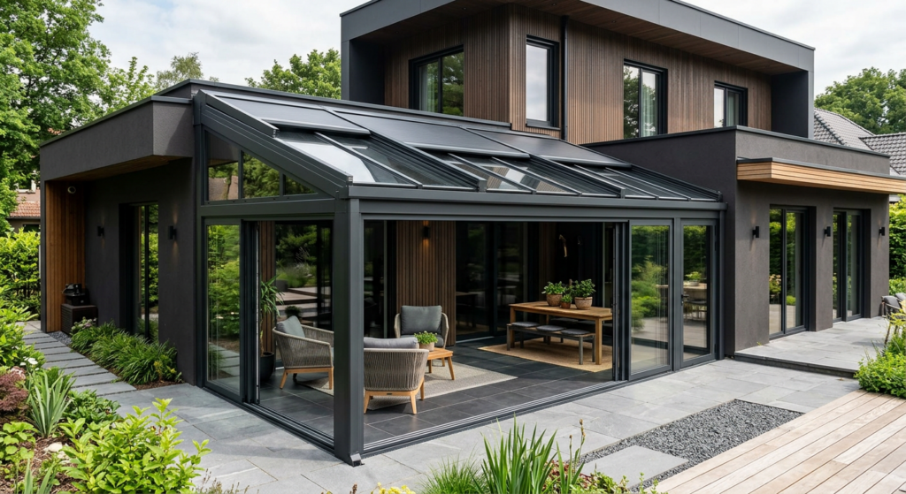 volets roulants d'une véranda à côté d'une maison moderne
